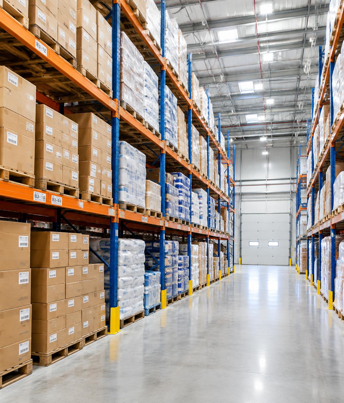 Warehouse racks stacked with cartons and pallets of goods
